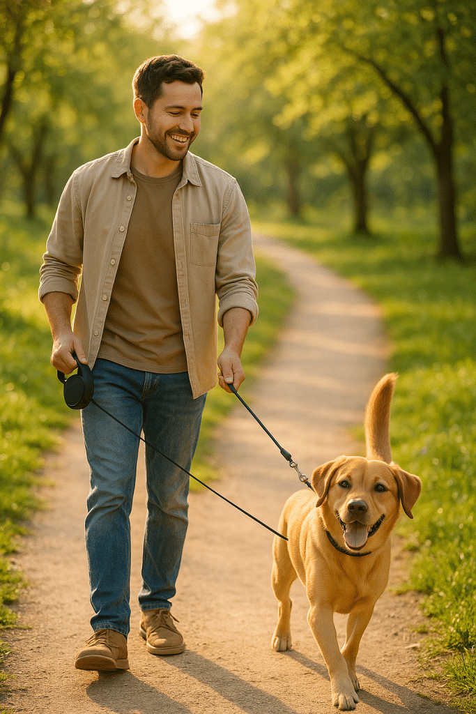 happy dog owner walking dog with retractable dog leash in sunlit park