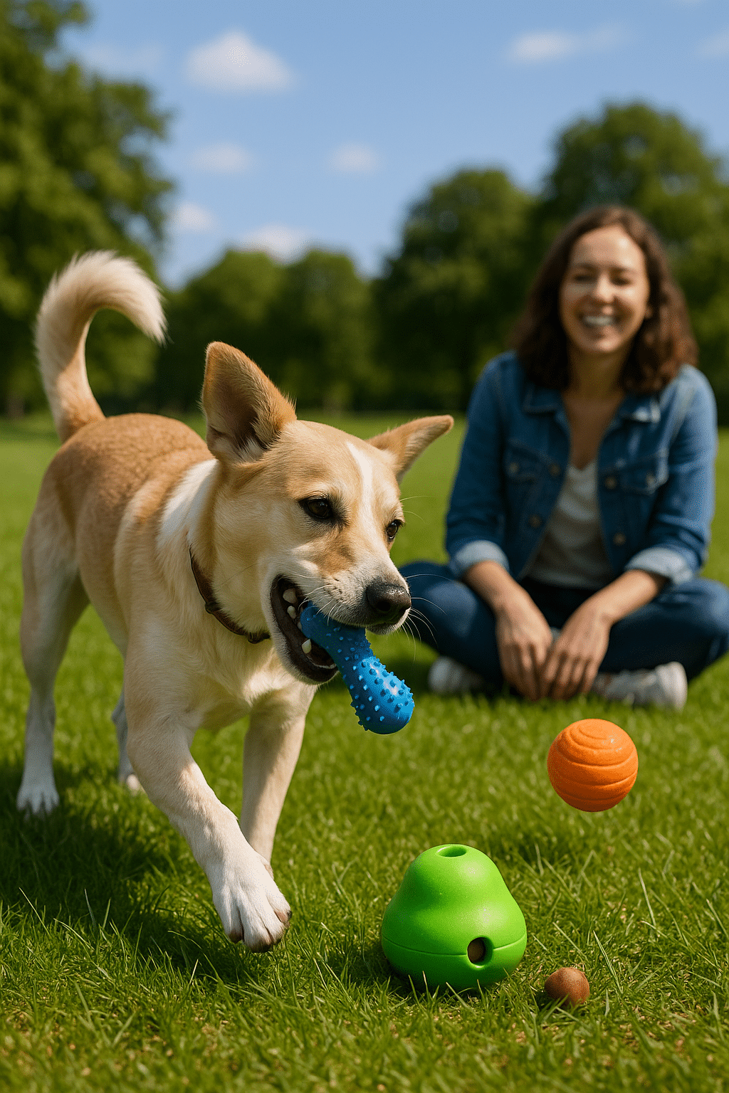 happy dog playing with best dog toys outdoors with owner in park setting