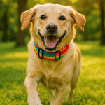 happy dog wearing best dog collars running in green park representing comfort safety and style