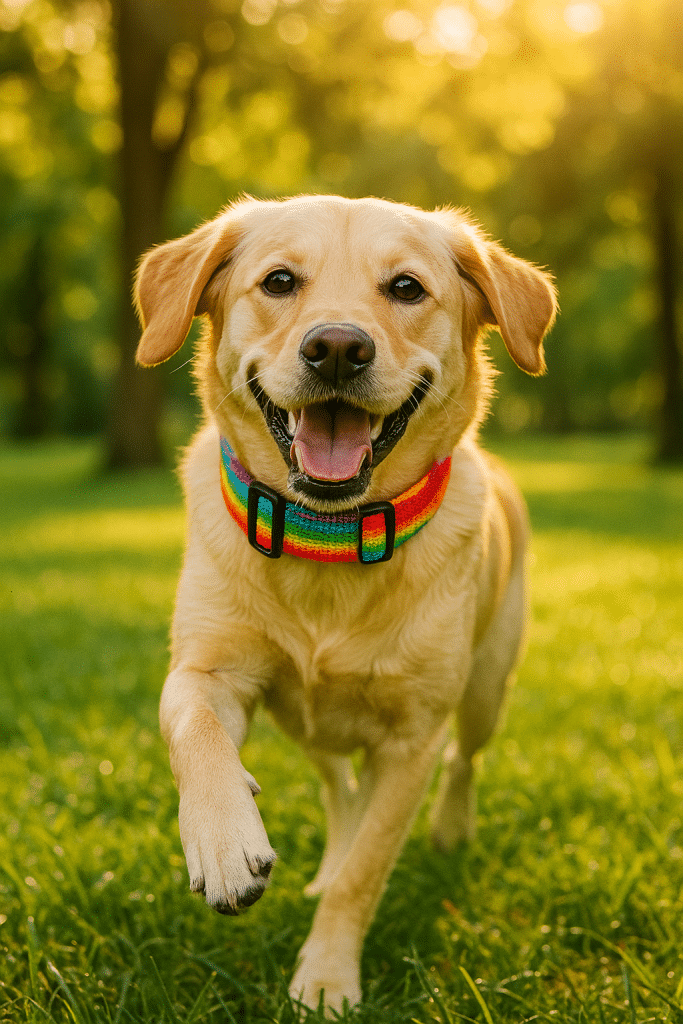 happy dog wearing best dog collars running in green park representing comfort safety and style