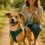 happy dog wearing best dog harness walking safely with owner in sunny park