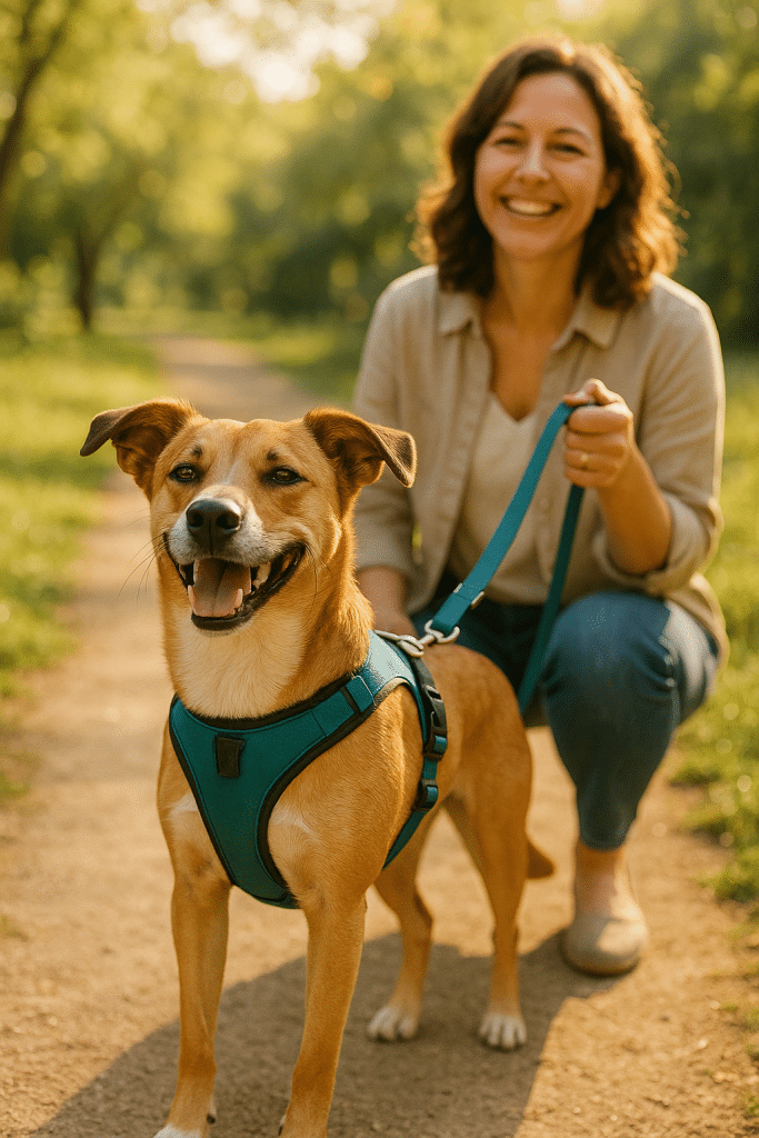 happy dog wearing best dog harness walking safely with owner in sunny park