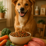 happy dog with bowl of grain free dog food and natural fresh ingredients in cozy home setting