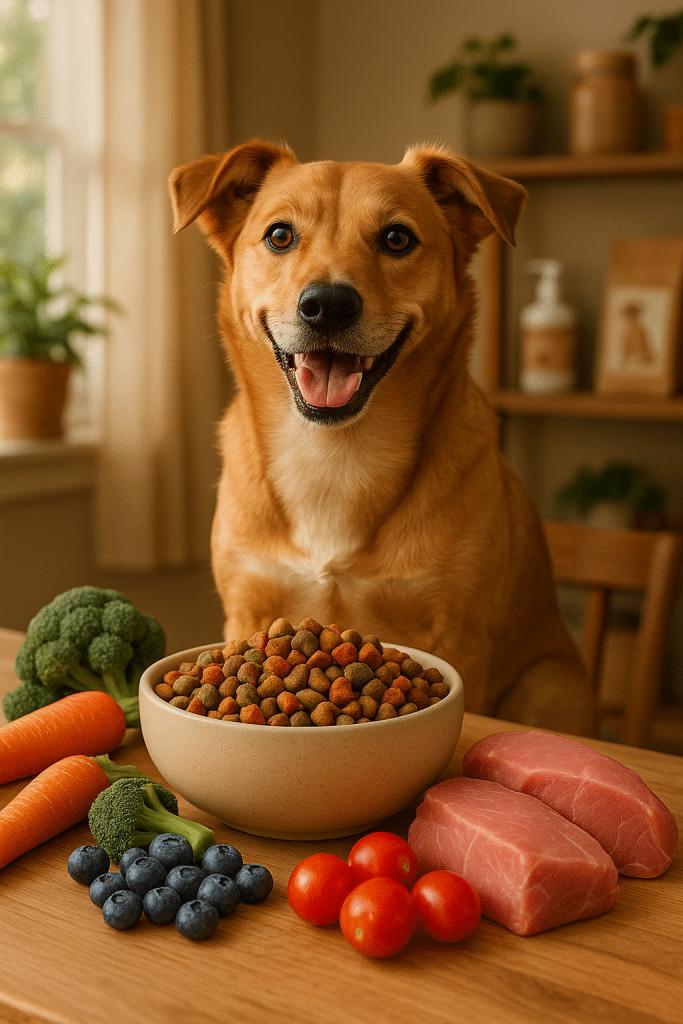 happy dog with bowl of grain free dog food and natural fresh ingredients in cozy home setting