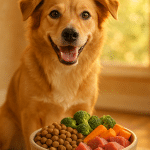 happy dog with bowl of nutritious best dog food representing pet health and care