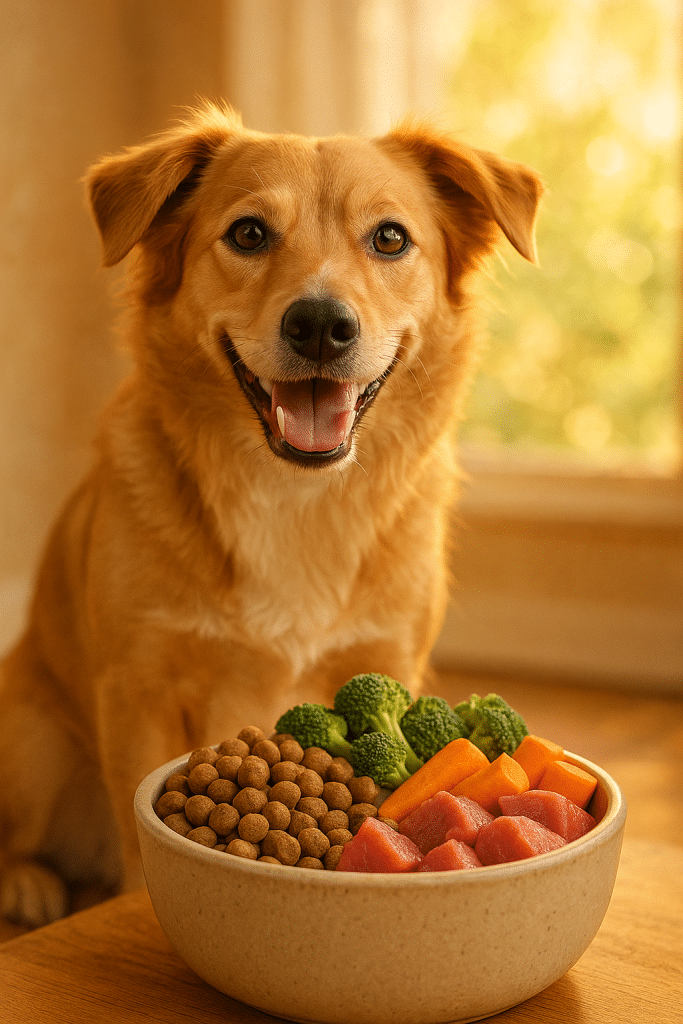 happy dog with bowl of nutritious best dog food representing pet health and care