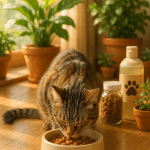 happy healthy cat eating best cat food from bowl sunny warm inviting home setting