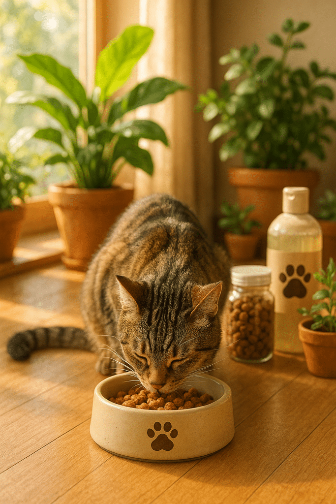 happy healthy cat eating best cat food from bowl sunny warm inviting home setting