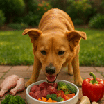 happy healthy dog eating raw dog food diet outdoors with fresh ingredients