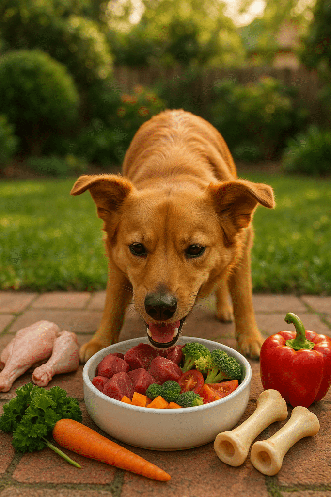 happy healthy dog eating raw dog food diet outdoors with fresh ingredients