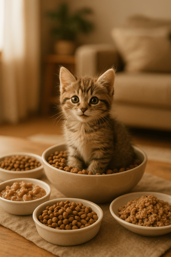 happy kitten surrounded by best kitten food options for healthy growth and care