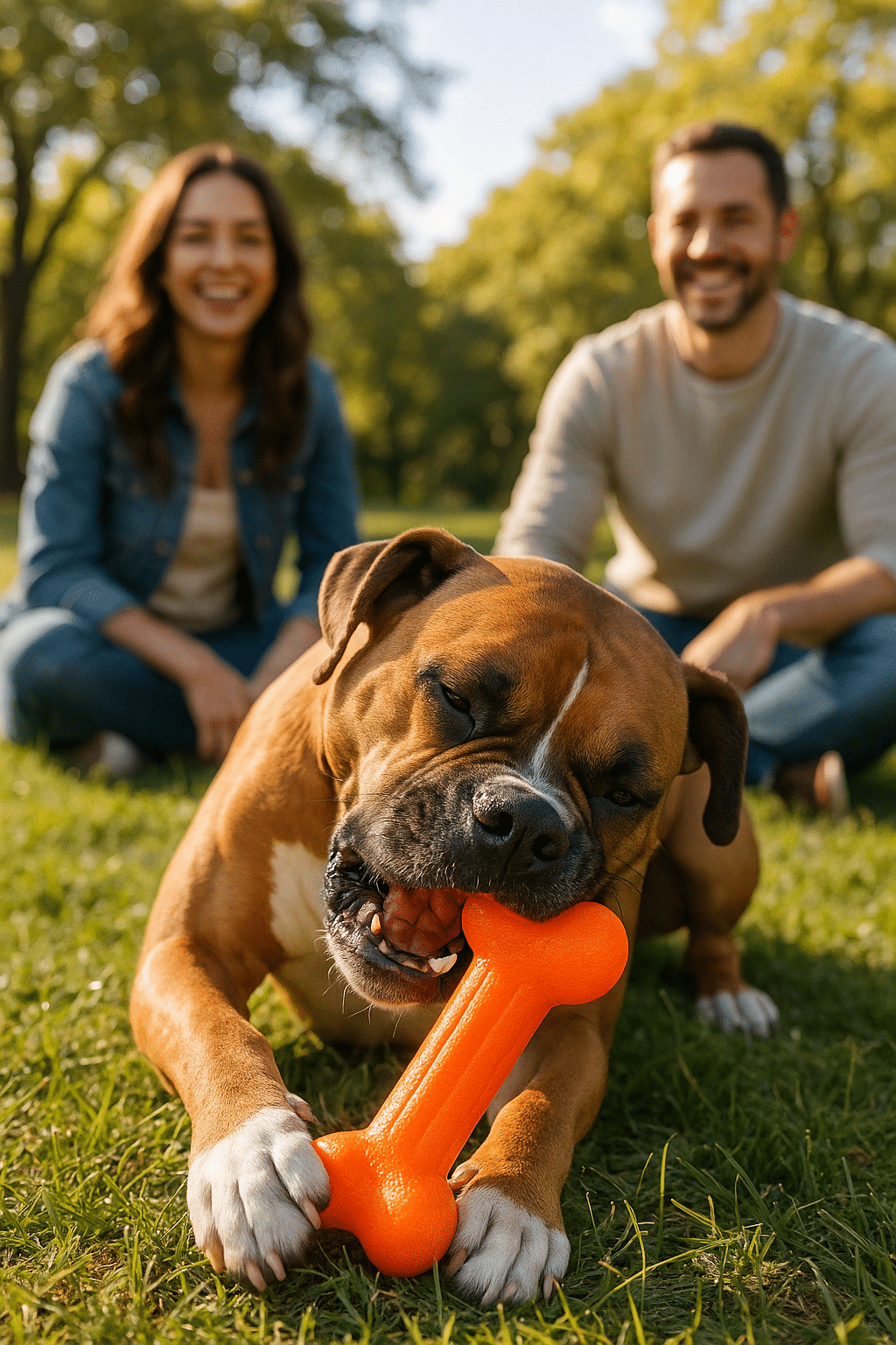 happy muscular dog chewing indestructible dog toy outdoors with happy owners