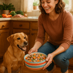 happy pet owner preparing homemade dog food recipes with joyful dog in cozy kitchen environment