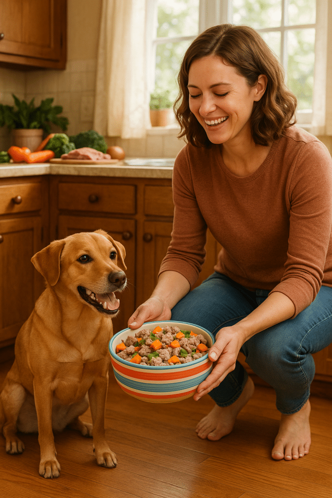 happy pet owner preparing homemade dog food recipes with joyful dog in cozy kitchen environment