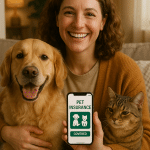 happy pet owner with dog and cat using best pet insurance app at home