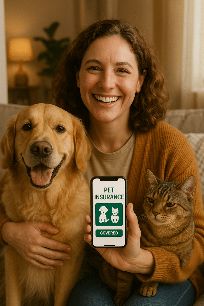 happy pet owner with dog and cat using best pet insurance app at home