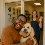 happy pet owner with freshly groomed dog outside local pet grooming near me salon