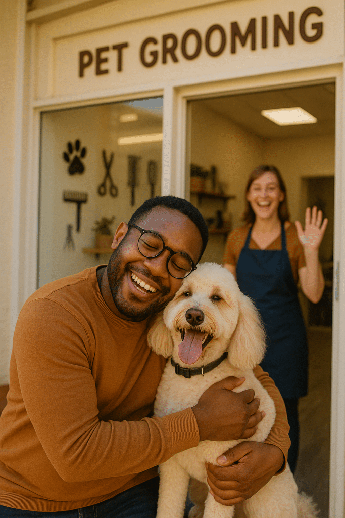 happy pet owner with freshly groomed dog outside local pet grooming near me salon