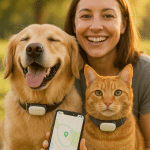 happy pets with pet gps tracker on collars and owner using smartphone app in park