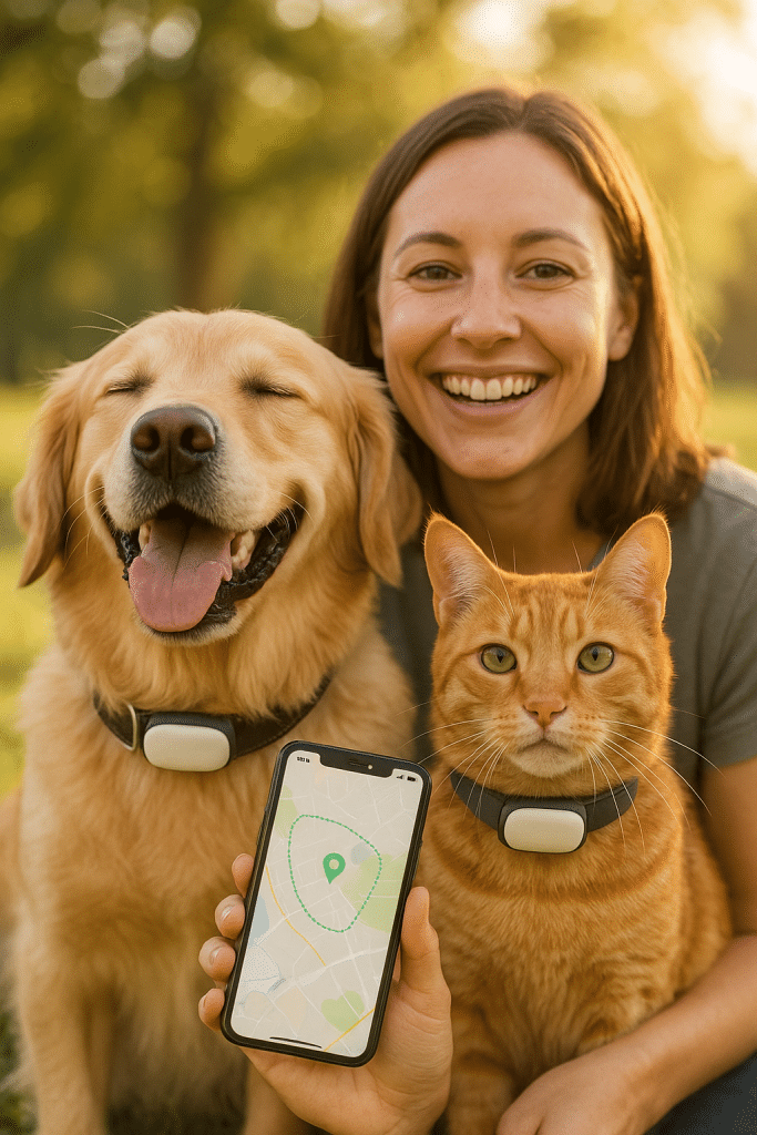 happy pets with pet gps tracker on collars and owner using smartphone app in park