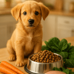 healthy playful puppy with bowl of best puppy food and fresh ingredients for growth