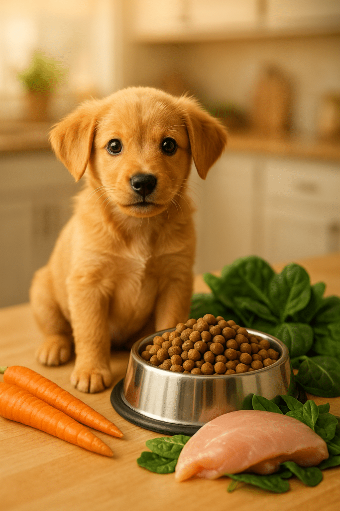 healthy playful puppy with bowl of best puppy food and fresh ingredients for growth