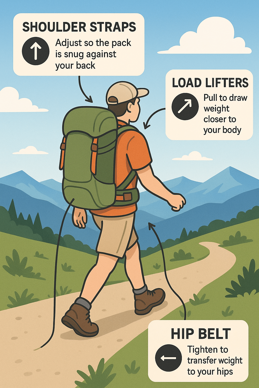 hiker wearing hiking backpack with callouts on proper fit and adjustment tips