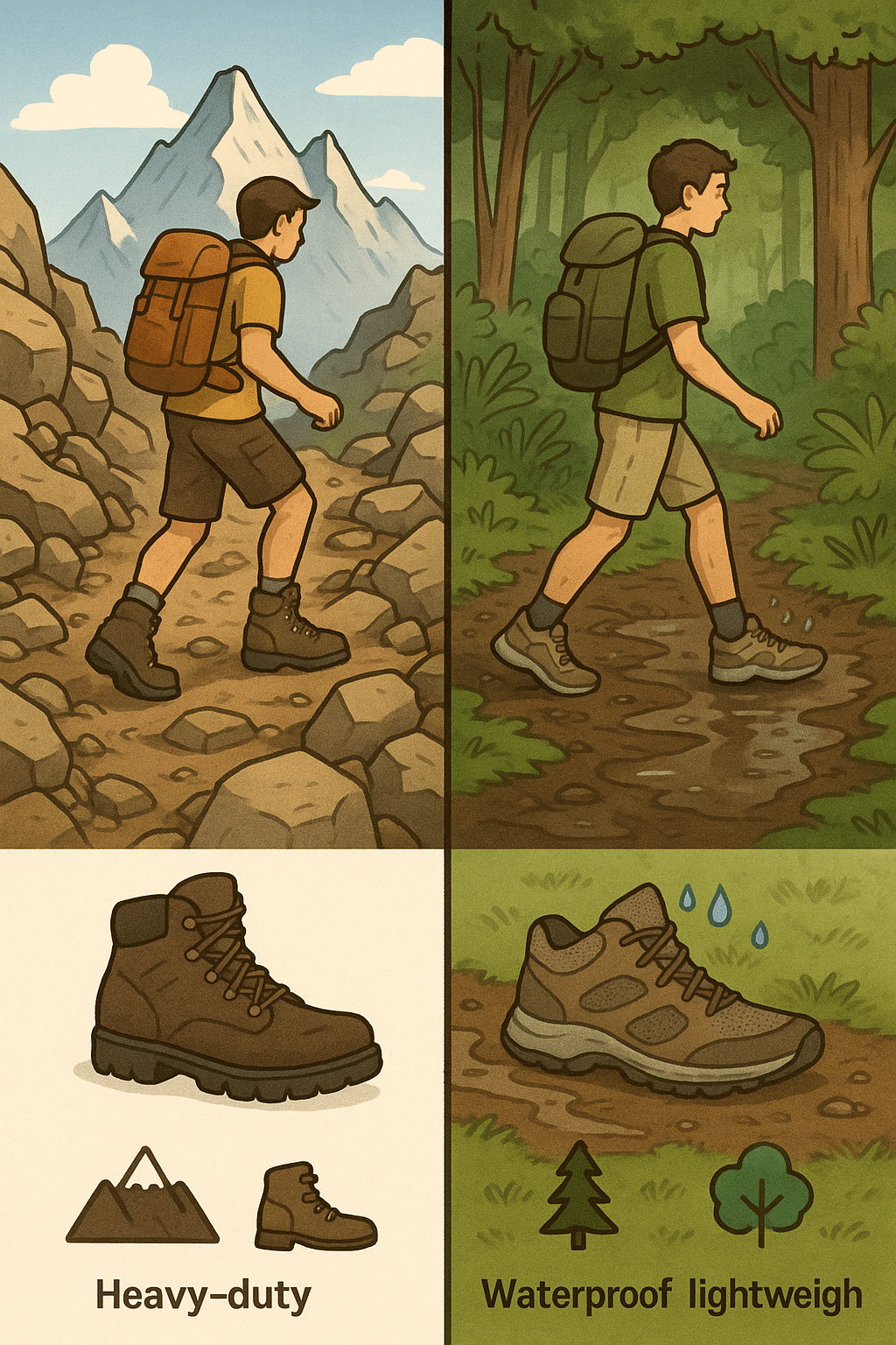 hiking boots suited for rocky and muddy trails illustrating durable traction and waterproof features