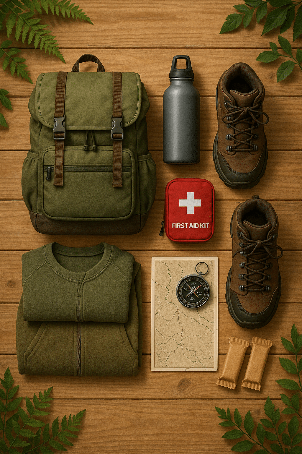 hiking essentials checklist flat lay of vital gear for outdoor enthusiasts