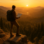 hiking essentials checklist hiker at mountain summit with gear ready for adventure
