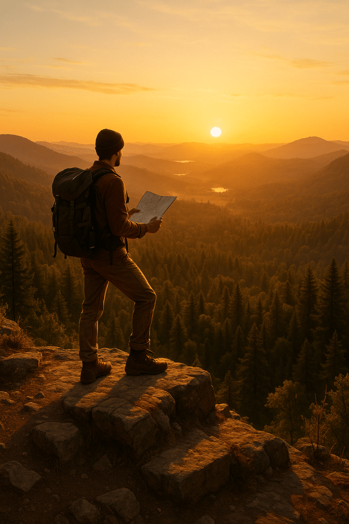 hiking essentials checklist hiker at mountain summit with gear ready for adventure