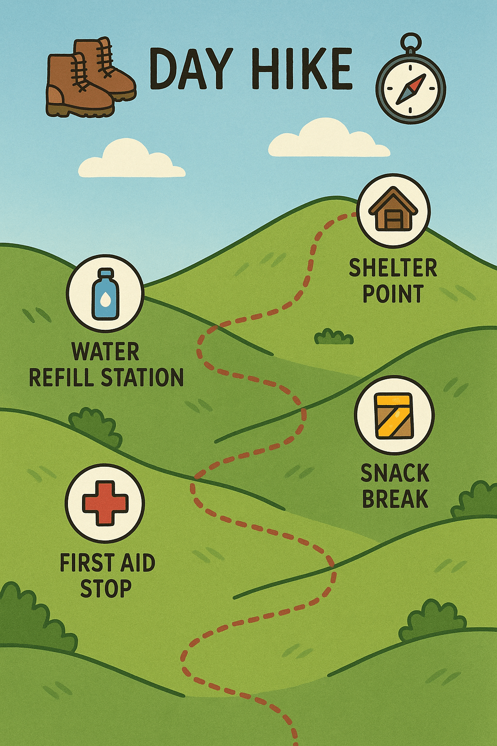 hiking essentials checklist illustrated day hike route with key gear use points
