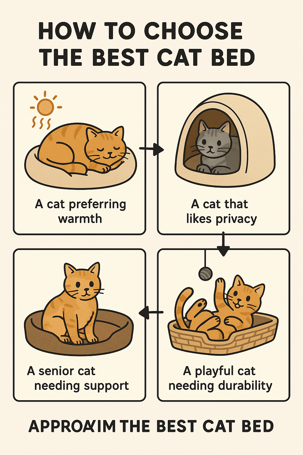 illustrated guide helping pet owners choose the best cat beds based on cat behavior