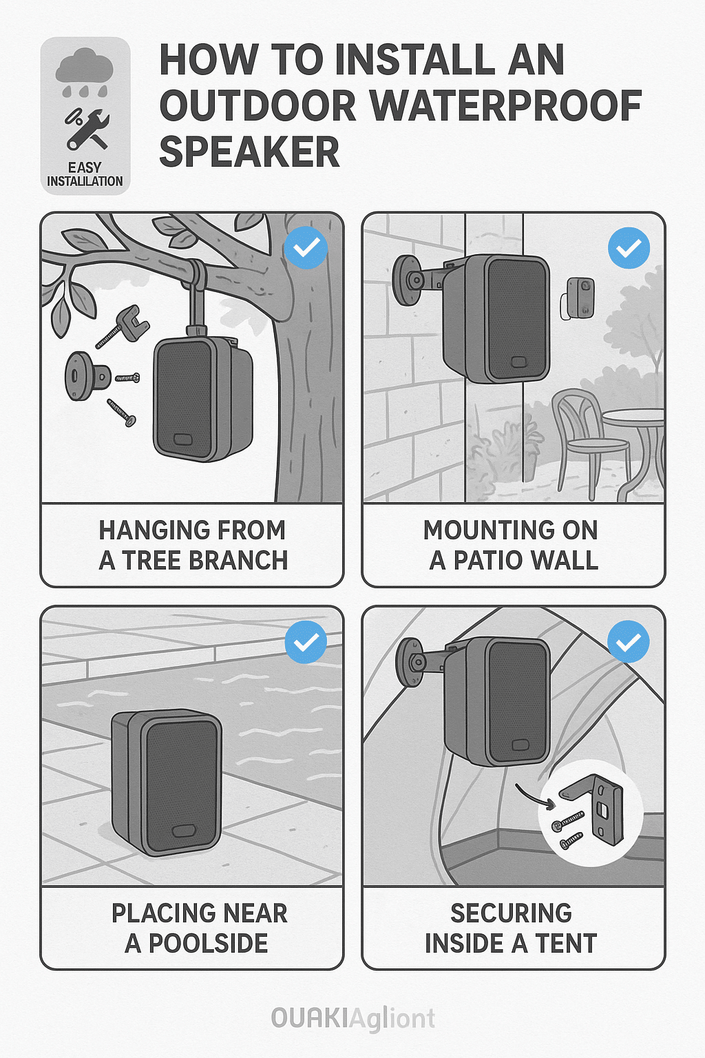illustrated guide to installing outdoor waterproof speakers in various adventure settings