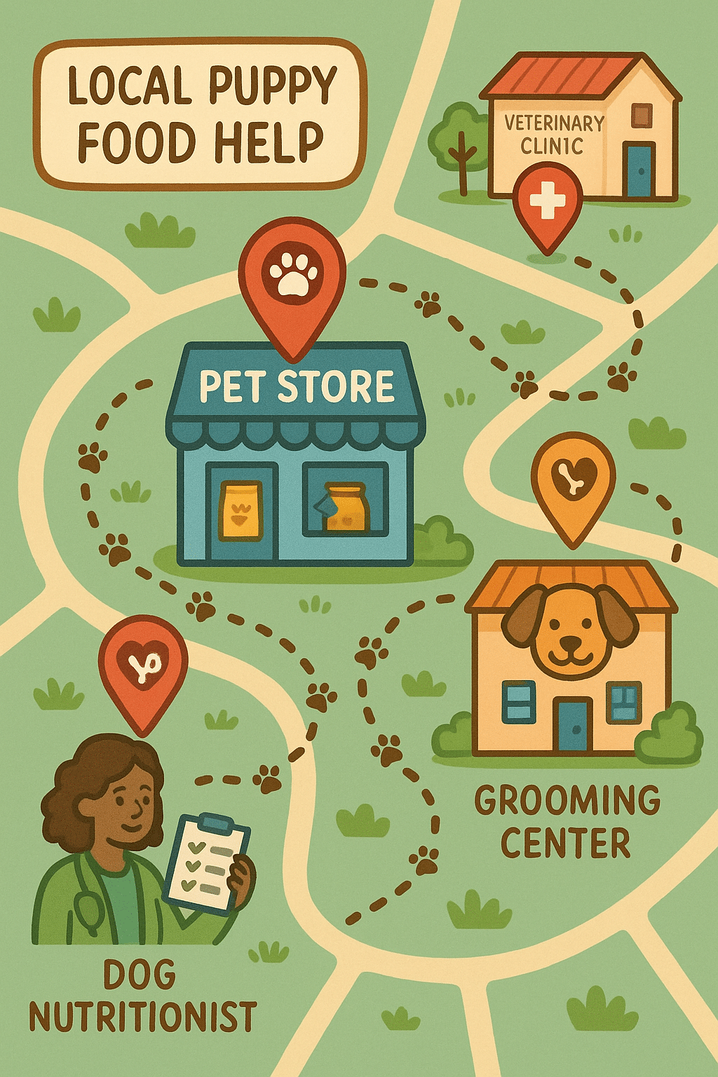 illustrated map showing local services for best puppy food care and advice