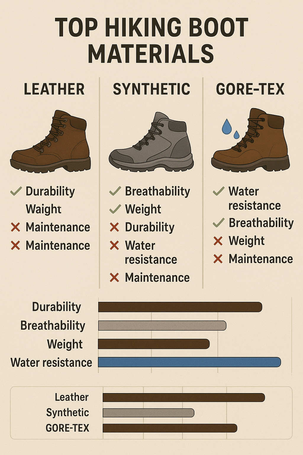 infographic comparing materials used in best hiking boots highlighting durability breathability and