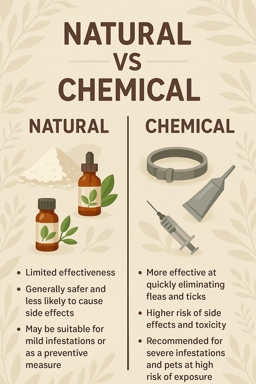 infographic comparing natural and chemical flea and tick prevention options for pets