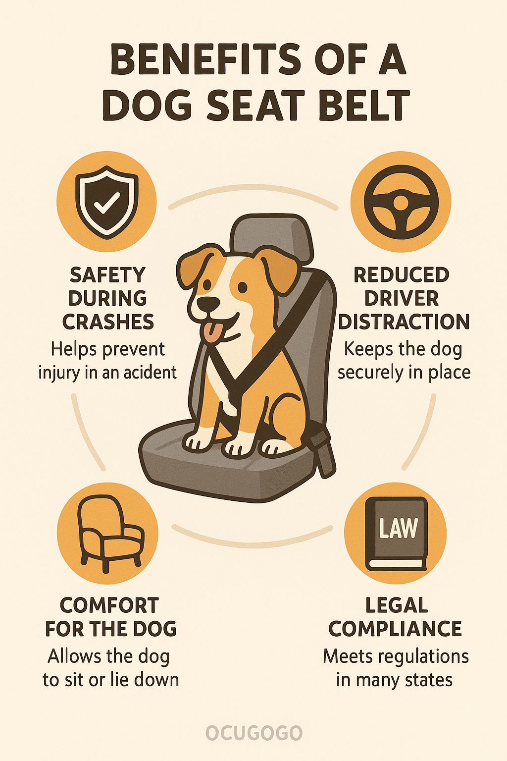 infographic displaying benefits of using a dog seat belt for cars with safety comfort and legal icon