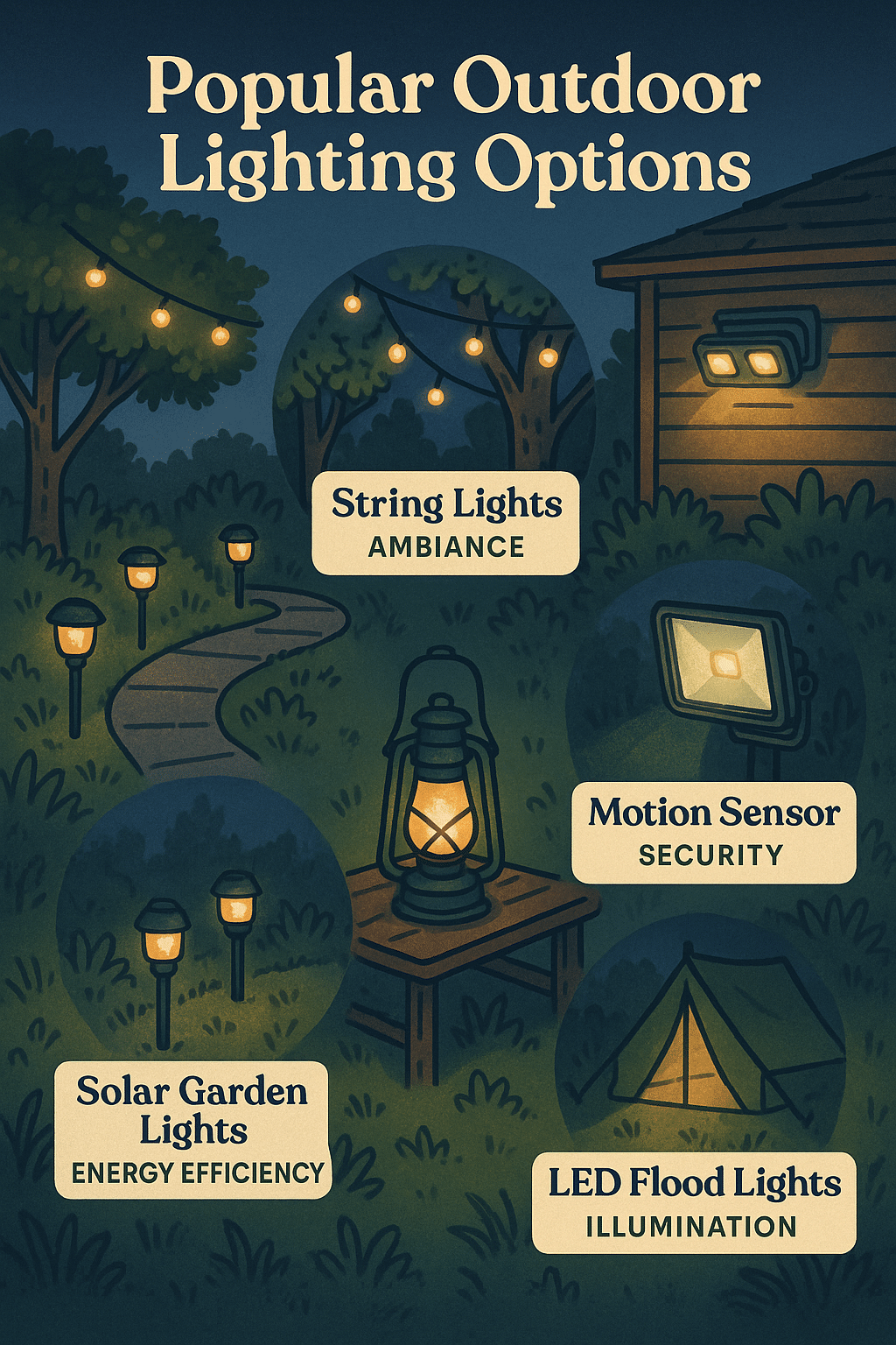 infographic displaying top outdoor lighting ideas for pathways camping and security lighting