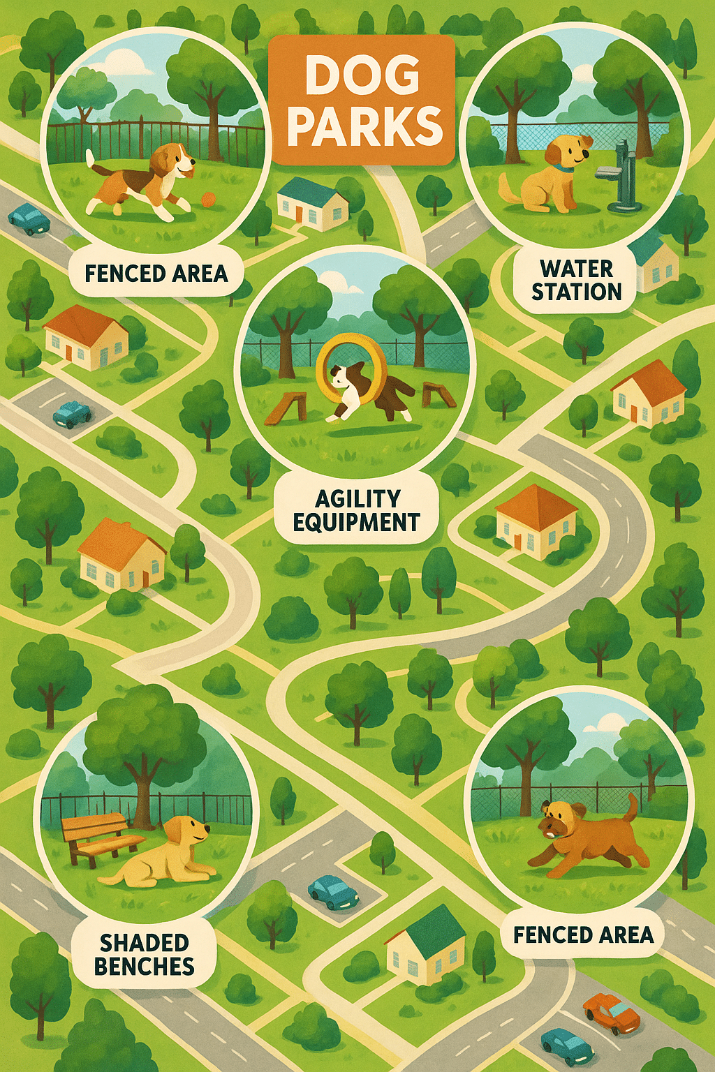 infographic map showing best dog parks near me with features and happy dogs playing