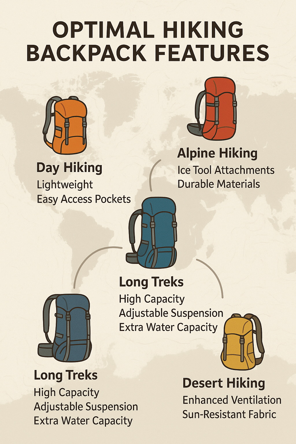 infographic map showing best hiking backpacks reviews for different hiking activities