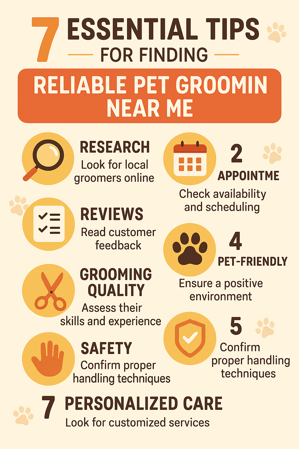 infographic showing 7 essential tips for pet grooming near me for pet owners seeking local services
