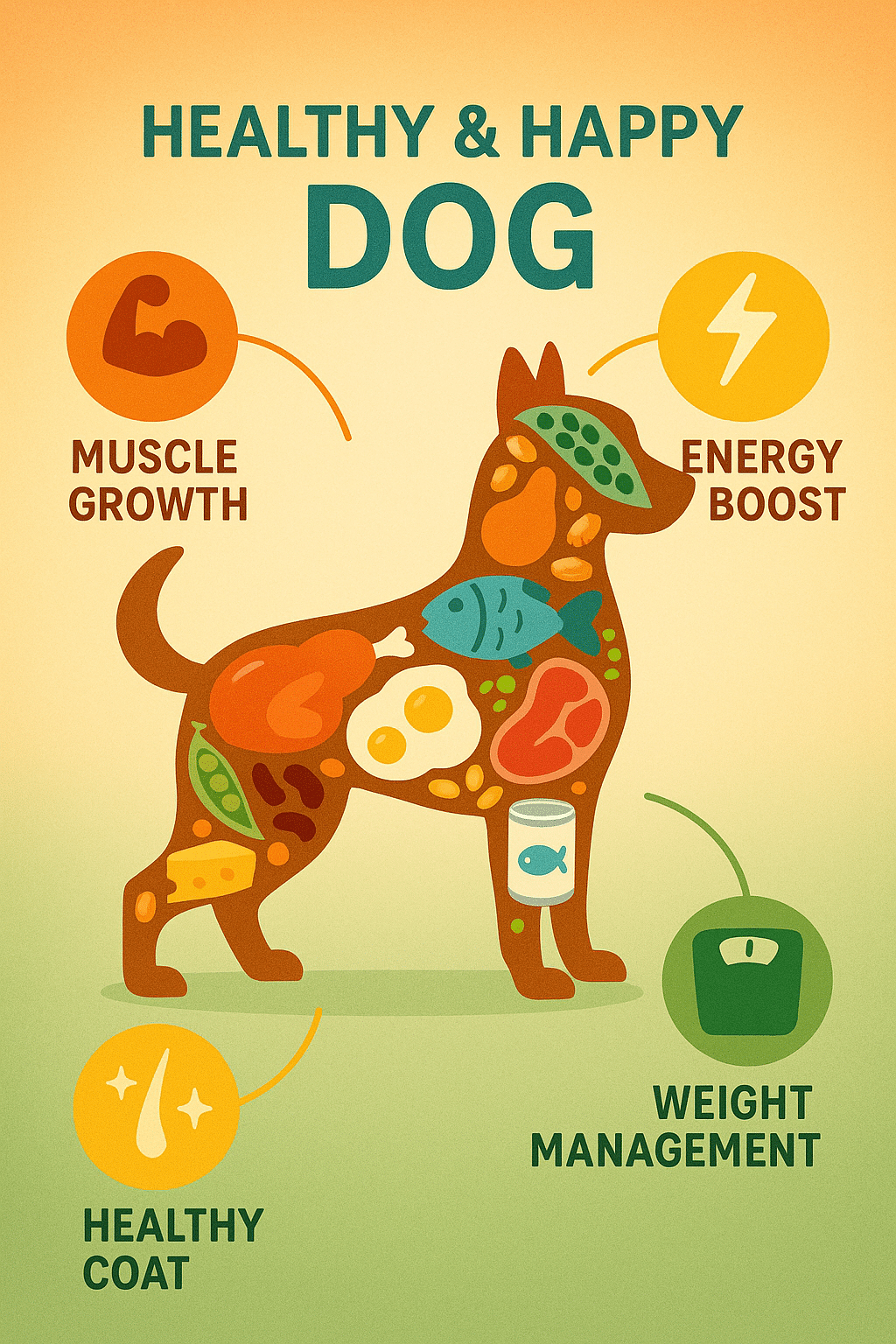 infographic showing benefits of high protein dog food with images of protein sources and healthy dog
