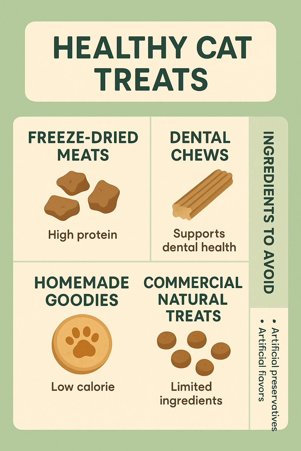 infographic showing categories and benefits of healthy cat treats for pet owners
