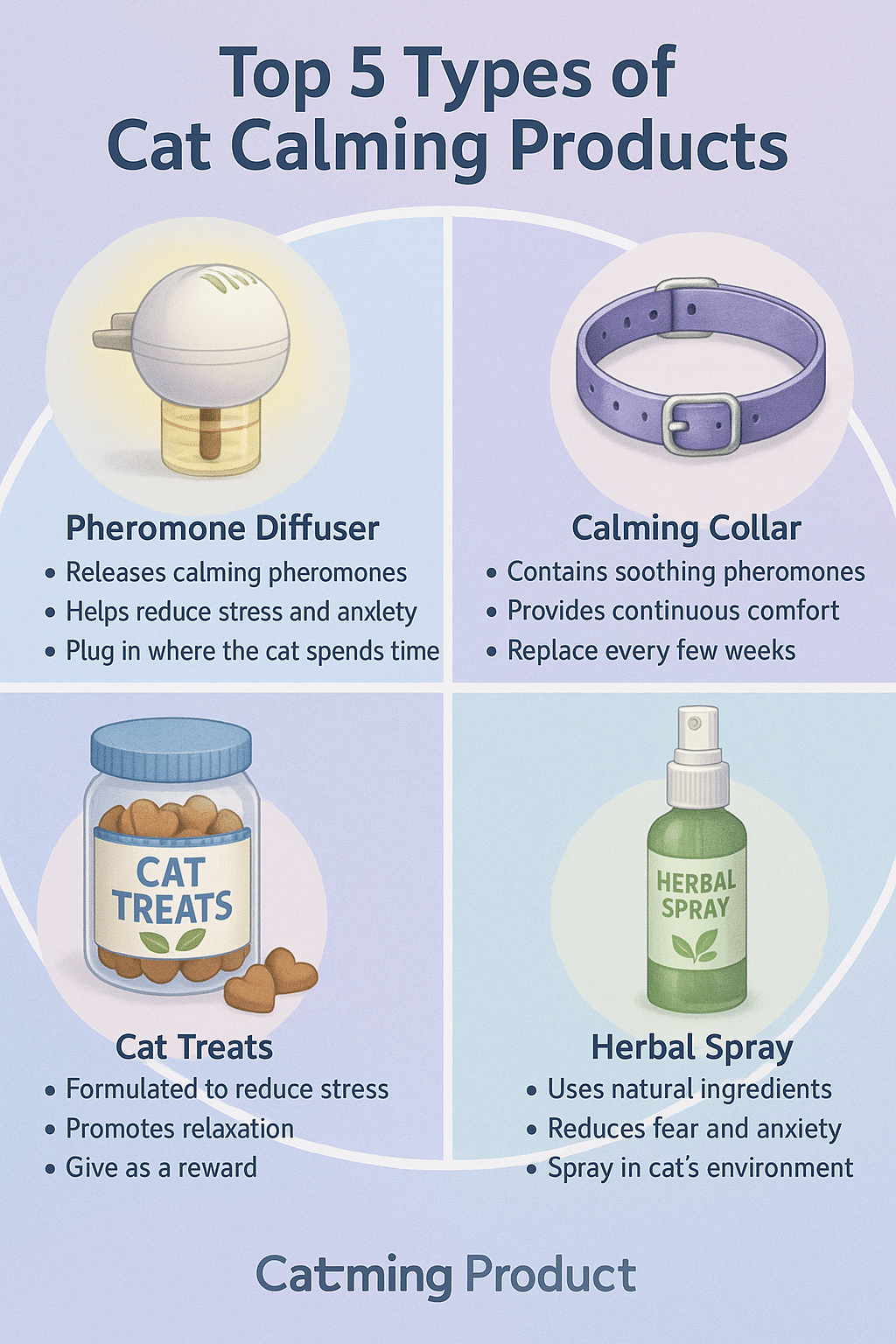 infographic showing different types of cat calming products for stress relief
