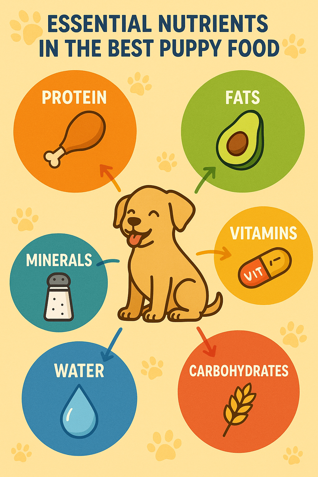 infographic showing essential nutrients in best puppy food for healthy puppy growth