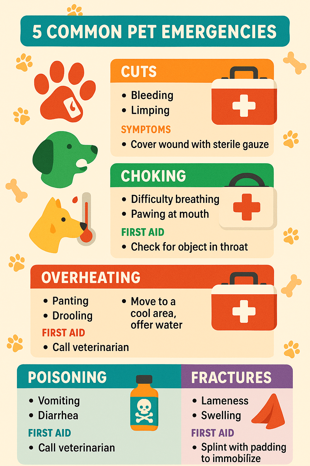 infographic showing five common pet emergencies and pet first aid kit items needed for each