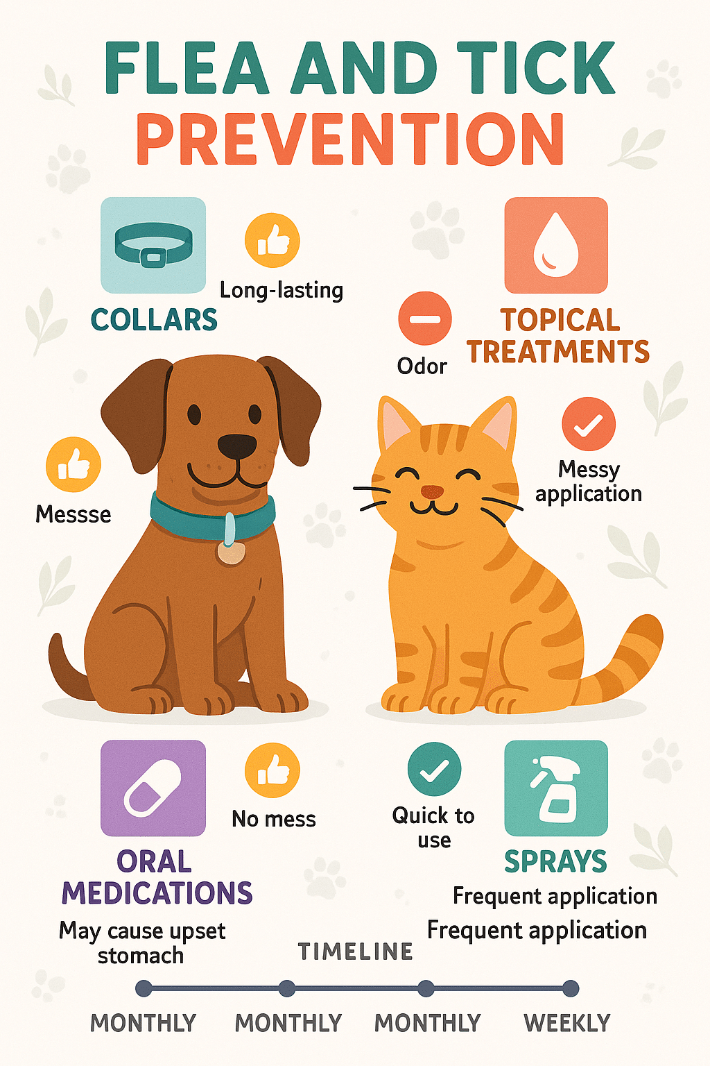 infographic showing flea and tick prevention product types for dogs and cats with application timeli