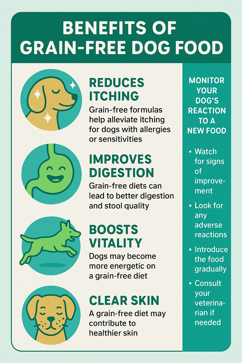 infographic showing health benefits of grain free dog food for dogs with allergies and sensitivities