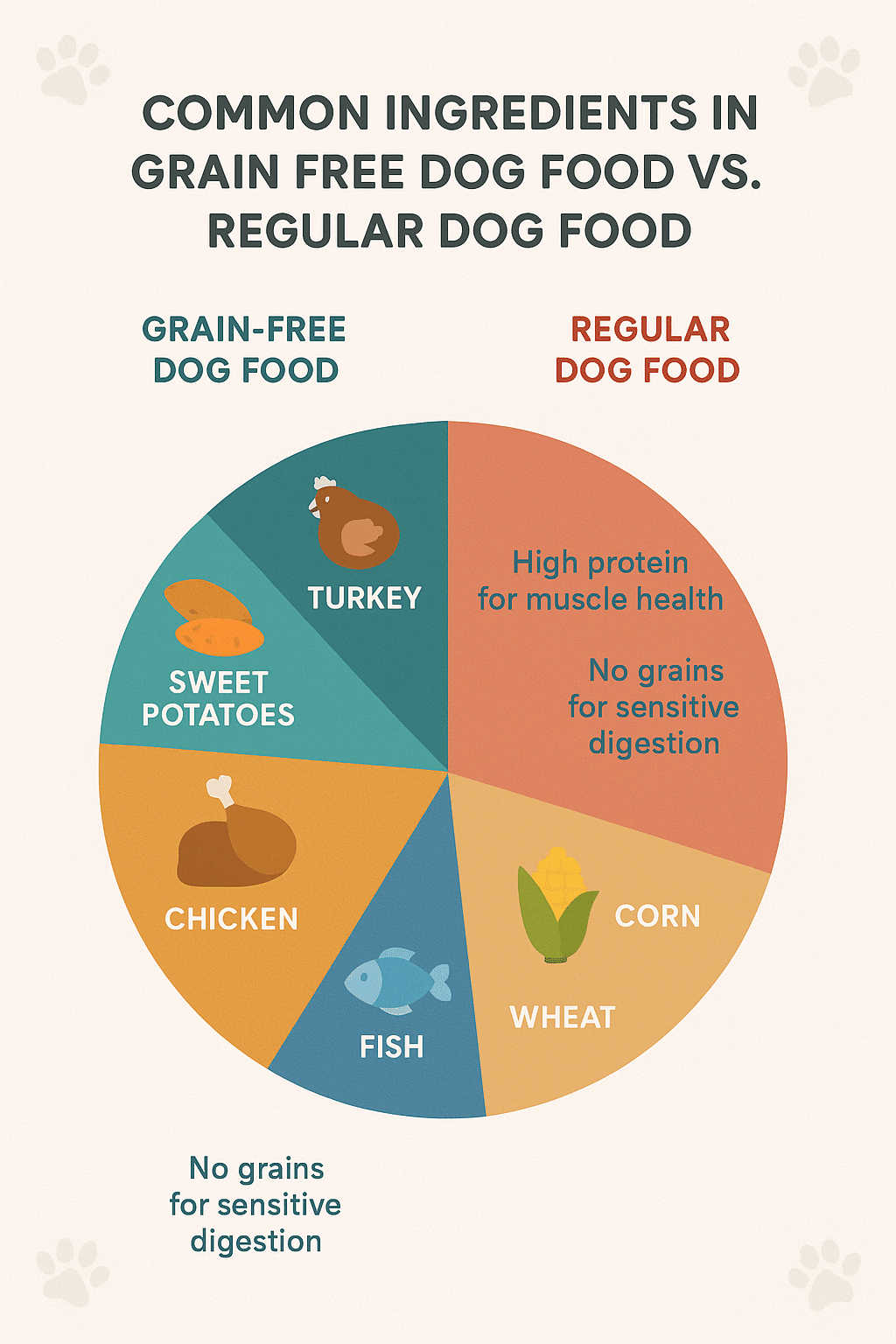 infographic showing ingredient comparison of grain free dog food versus regular dog food